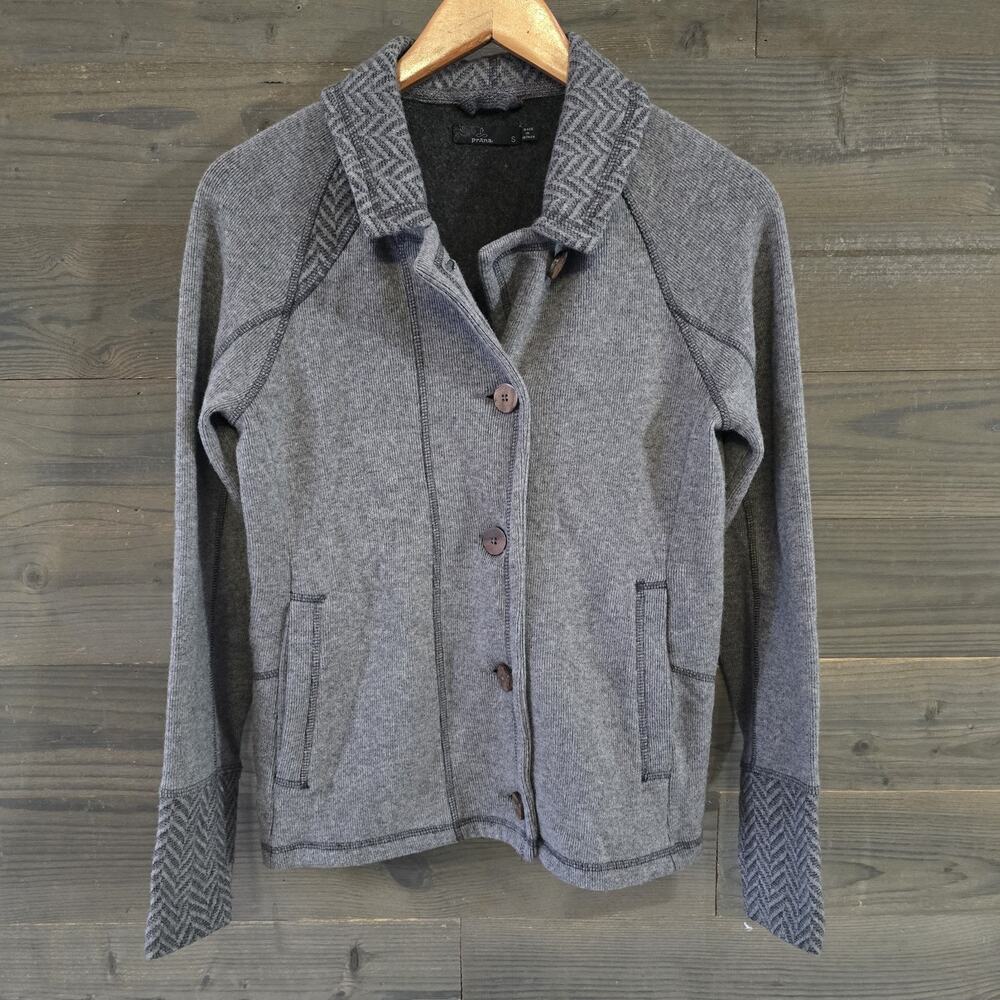 prAna Women’s Lucia Jacket Wool Blend Wood Buttons Gray Size S